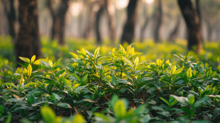 A beautiful view of fresh green leaves illuminated by morning sunlight in a tranquil forest, showcasing nature's beauty and the peacefulness of the outdoors.の素材