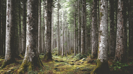 A tranquil forest scene featuring tall trees surrounded by lush greenery and soft moss. This natural environment evokes a sense of peace and serenity.の素材