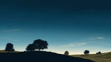 A tranquil scene featuring silhouetted trees against a twilight sky, capturing the serenity of nature and the beauty of a calming landscape, perfect for relaxation themes.の素材