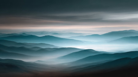 Ethereal mountain landscape showcasing soft blue hues and gentle mists, creating a serene and tranquil atmosphere perfect for nature lovers and travelers.の素材