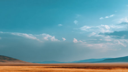 A stunning landscape showcasing a vast open field under a clear blue sky, adorned with soft clouds and distant mountains, evoking feelings of peace and tranquility.の素材