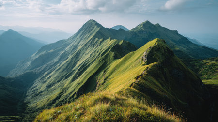 Experience the breathtaking beauty of towering mountains and lush greenery, creating a serene and tranquil atmosphere in this stunning natural landscape.の素材