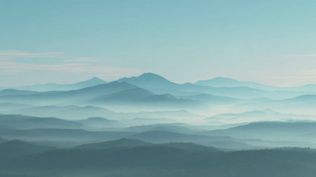 This captivating image features a serene mountain landscape, shrouded in mist and fog, creating a tranquil atmosphere under a soft blue sky. Perfect for nature themes.の素材