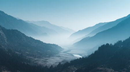A breathtaking view of a misty valley at dawn, showcasing layers of mountains and a winding river. The serene atmosphere invites tranquility and reflection in nature.の素材