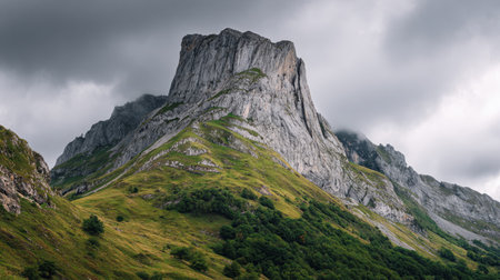 Discover a breathtaking mountain landscape featuring a prominent peak surrounded by lush hills, under a dramatic cloudy sky, perfect for outdoor enthusiasts and travelers.の素材