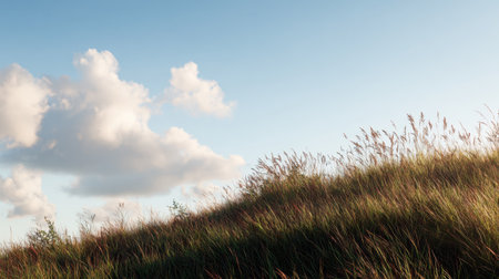 Captivating view of gentle grass hills bathed in golden sunlight against a vibrant blue sky, accented by fluffy white clouds, perfect for evoking tranquility and connection to nature.の素材