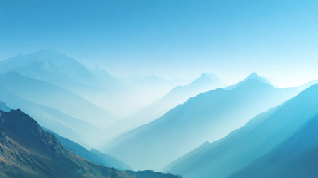 Discover a stunning view of misty mountains stretching across the horizon, bathed in soft blue tones and gentle light, creating a tranquil setting ideal for nature enthusiasts.の素材