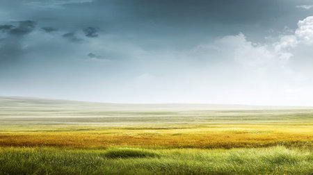 This serene landscape features vast, colorful fields under a soft and gentle sky, evoking feelings of peace and tranquility, ideal for nature photography themes.の素材