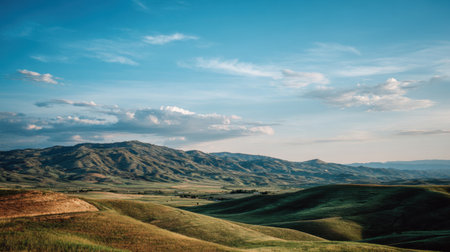 Discover a breathtaking landscape featuring rolling hills under a bright blue sky dotted with fluffy white clouds. Experience the serenity of nature in this tranquil scene.の素材