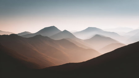 Immerse yourself in this peaceful mountain landscape featuring soft light, rolling peaks, and a dreamy atmosphere, creating a serene escape for nature lovers.の素材