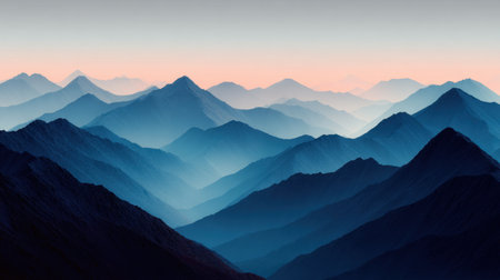 Experience the enchanting beauty of mountain ranges at dawn. This captivating scene features soft light touching majestic peaks, evoking tranquility and peace.の素材