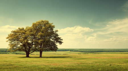 A tranquil view showcasing two large trees in a vast green meadow under a bright sky. Inviting and peaceful, this scenery embodies the essence of nature's beauty.の素材