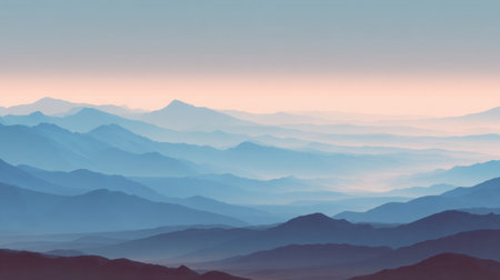 This serene landscape captures layered mountain ranges shrouded in mist during early morning light, creating a tranquil and dreamy atmosphere ideal for relaxation.の素材