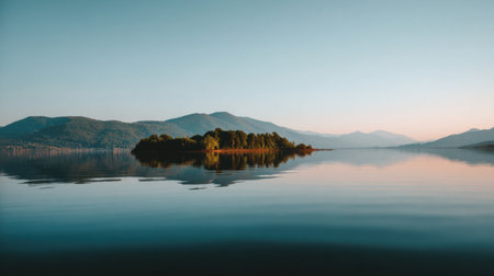 This captivating landscape features a tranquil lake surrounded by mountains, with a serene island reflecting in the calm water under clear skies, perfect for relaxation.の素材