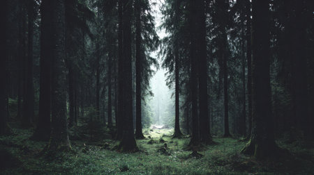 Explore the enchanting beauty of a dense forest where soft light breaks through tall trees, creating a peaceful and mystical ambiance perfect for nature enthusiasts.の素材