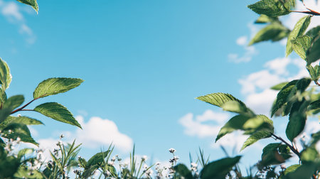 A serene view of lush green leaves framing a bright blue sky dotted with fluffy white clouds, perfect for inspiring tranquility and connection to nature.の素材