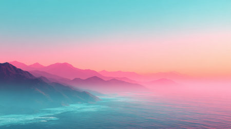 A tranquil coastal landscape showcasing vibrant mountains and a dreamy pastel sky at sunset. The serene atmosphere captures the essence of nature and beauty.の素材
