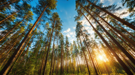 Experience the beauty of nature with the sunlight streaming through tall pine trees in a peaceful forest, creating a serene and tranquil atmosphere perfect for relaxation.の素材