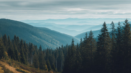 Discover a breathtaking mountain landscape featuring layers of blue hills and lush evergreen forests, creating a tranquil atmosphere under a calming cloudy sky.の素材