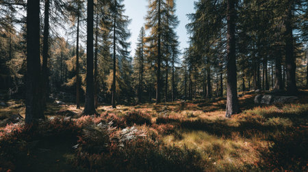 A tranquil forest scene captures tall trees standing majestically above a vibrant carpet of foliage, inviting exploration and reflection on nature's serene beauty.の素材