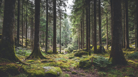 A tranquil forest scene featuring tall pine trees and a lush, moss-covered ground, inviting a sense of peace and nature's beauty in a serene outdoor setting.の素材