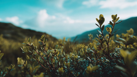 A tranquil scene showcases delicate green leaves in the foreground with majestic mountains and a blue sky in the backdrop, evoking a sense of peace and harmony.の素材