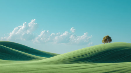 This image captures a tranquil landscape featuring rolling green hills with an isolated tree beneath a clear blue sky adorned with soft white clouds, evoking peace.の素材