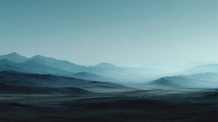 Explore the tranquil beauty of remote mountain ranges shrouded in mist and soft light, creating a peaceful atmosphere perfect for nature enthusiasts and adventurers.の素材