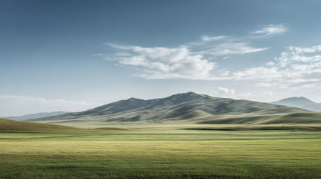 A breathtaking view of a lush green landscape beneath a clear blue sky features gentle rolling hills and soft clouds that create a tranquil and serene atmosphere.の素材