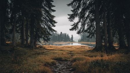 A serene misty forest landscape showcasing tall evergreen trees surrounding a reflective body of water and grassy meadow, perfect for nature lovers and photographers.の素材