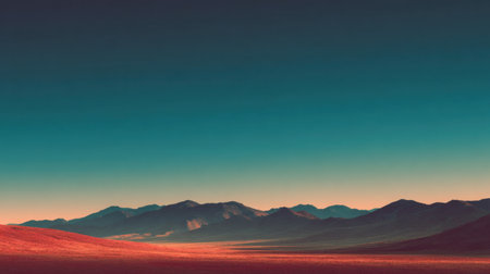 Experience the beauty of a vast desert landscape at dusk, where expansive horizons meet tranquil mountains under a stunning gradient sky in earthy hues.の素材