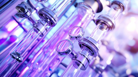 An artistic representation of glass tubes and metallic fittings set against a vibrant purple and blue light backdrop, conveying the essence of scientific exploration and innovation.の素材