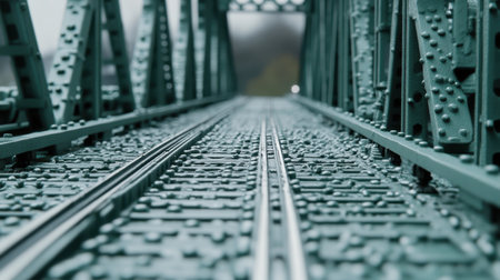 A close-up of a steel railway bridge showcasing the tracks stretching towards the horizon, immersed in a misty scenery. The image captures architecture and engineering.の素材