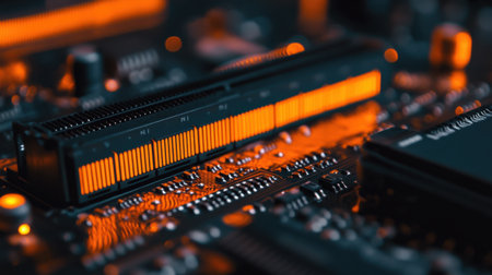 This macro photograph captures the intricate details of a circuit board illuminated by vibrant orange LED lights, showcasing the beauty of modern electronics and technology.の素材