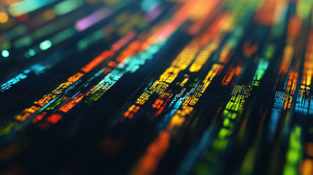 A mesmerizing abstract image featuring colorful digital lines and patterns glowing against a dark background, capturing the essence of technology and creativity.の素材