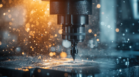 A close-up view of a cutting tool at work in a high-tech workshop, showcasing sparks and droplets amidst a dramatic lighting setup, highlighting modern engineering.の素材