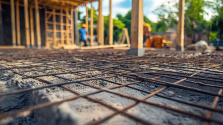 Focus on steel rebar framework amidst fresh concrete foundation at a busy construction site with workers and machinery creating structural developments outdoors.の素材
