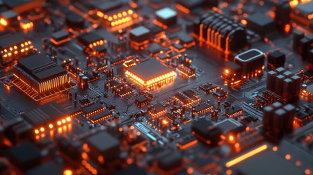 Intricate close-up of a circuit board glowing in orange light, showcasing detailed textures and patterns of technology at the heart of electronic devices.の素材