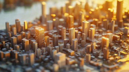 An enchanting aerial view captures a vibrant urban landscape filled with skyscrapers at sunset, showcasing intricate architectural designs under a warm golden glow.の素材