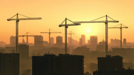 A captivating view of silhouetted construction cranes amid an urban skyline during sunset. The warm orange tones contrast with the dark buildings, evoking progress.の素材