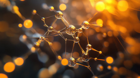 A stunning abstract representation of a molecular structure illuminated by glowing particles, conveying themes of science and technology in a visually captivating manner.の素材