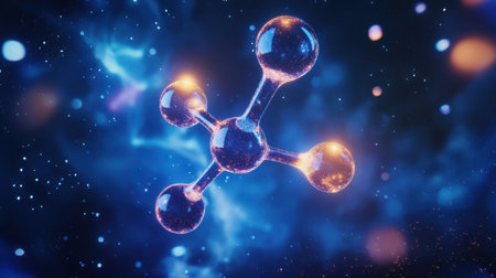 This stunning image features an artistic representation of a molecular structure set against a cosmic background, highlighting the intersection of science and art.の素材