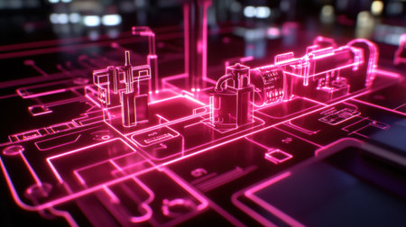 A captivating digital artwork showcasing a circuit board illuminated with neon pink highlights, representing advanced technology and innovation in a futuristic setting.の素材
