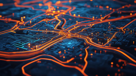 Experience a vibrant abstract cityscape illuminated with glowing orange lines representing traffic flow and connectivity in a dark, digital environment.の素材
