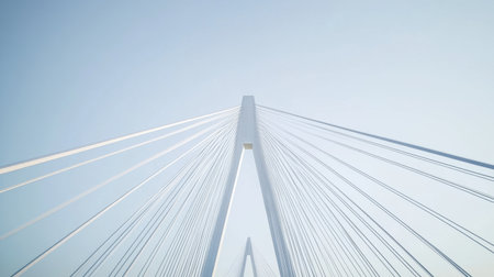 A striking view of a modern suspension bridge captured from below. The image showcases sleek lines and cables against a serene sky, emphasizing design and structure.の素材