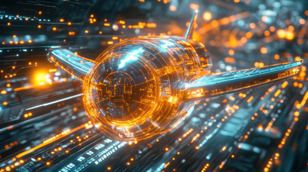 A striking futuristic spacecraft navigates a digital wormhole, enhanced with vibrant orange and blue light trails, evoking themes of technology and exploration.の素材