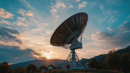 A large radio satellite dish stands silhouetted against a vibrant sunset sky, with mountains in the background, showcasing technology in a serene natural setting.の素材