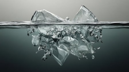 A mesmerizing underwater scene capturing the beauty of shattered glass. Reflections dance on the calm water surface, highlighting unique textures and forms.の素材