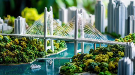 This captivating image showcases a detailed model bridge set in a vibrant urban landscape, with lush greenery, modern buildings, and shimmering water.の素材