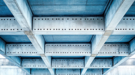This image captures an abstract view of a concrete bridge structure from below, highlighting the intricate support beams and textures in cool blue tones, ideal for urban themes.の素材